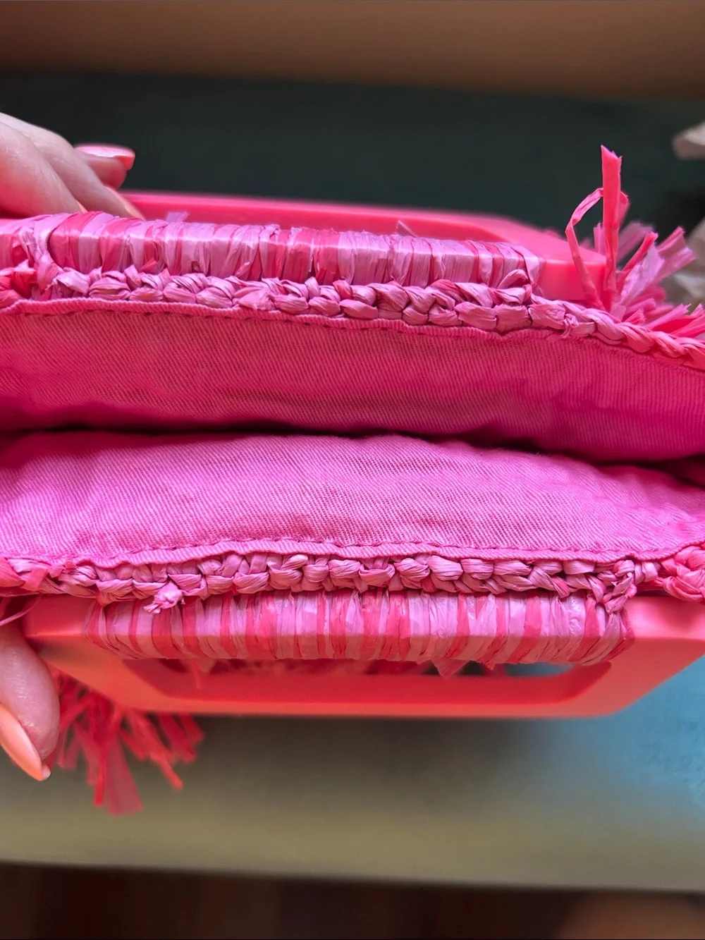JCrew Woven Bright Pink Raffia Fringe Handbag with Acrylic Handles 🎀